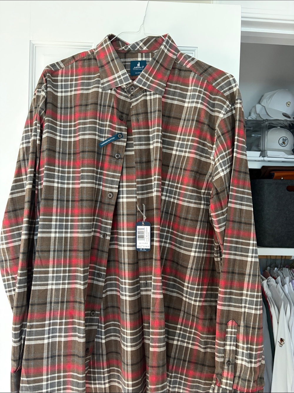 johnnie-O Brown Plaid Dress Shirt with Red and Cream Stripes